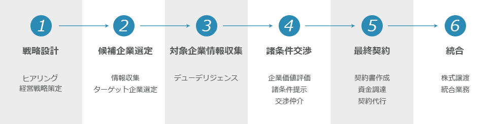 戦略設計→候補企業選定→対象企業情報収集→諸条件交渉→最終契約→統合